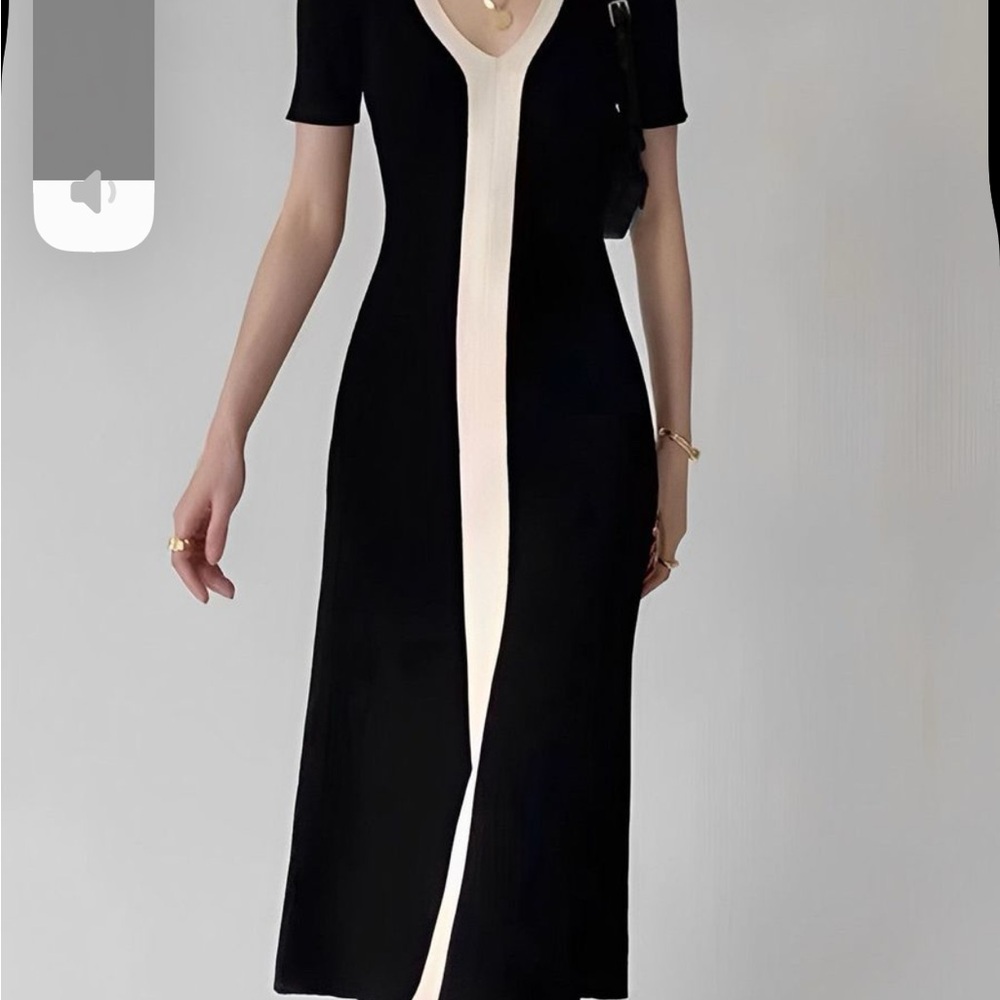 Elegant Black and Cream V-Neck Dress